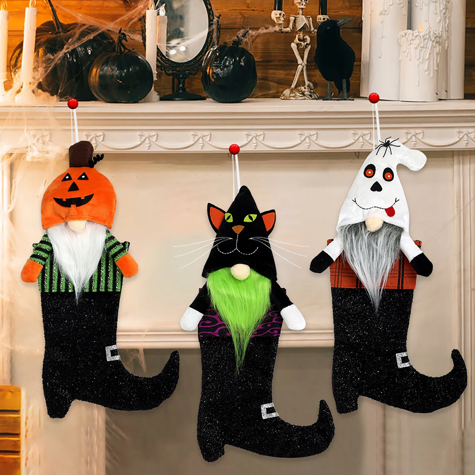 

Halloween High-Heel Boot Socks 47x21cm Black Cat Pumpkin Ghost Holiday Ornament Festive Hanger Home Bar Wall Hanging Decor