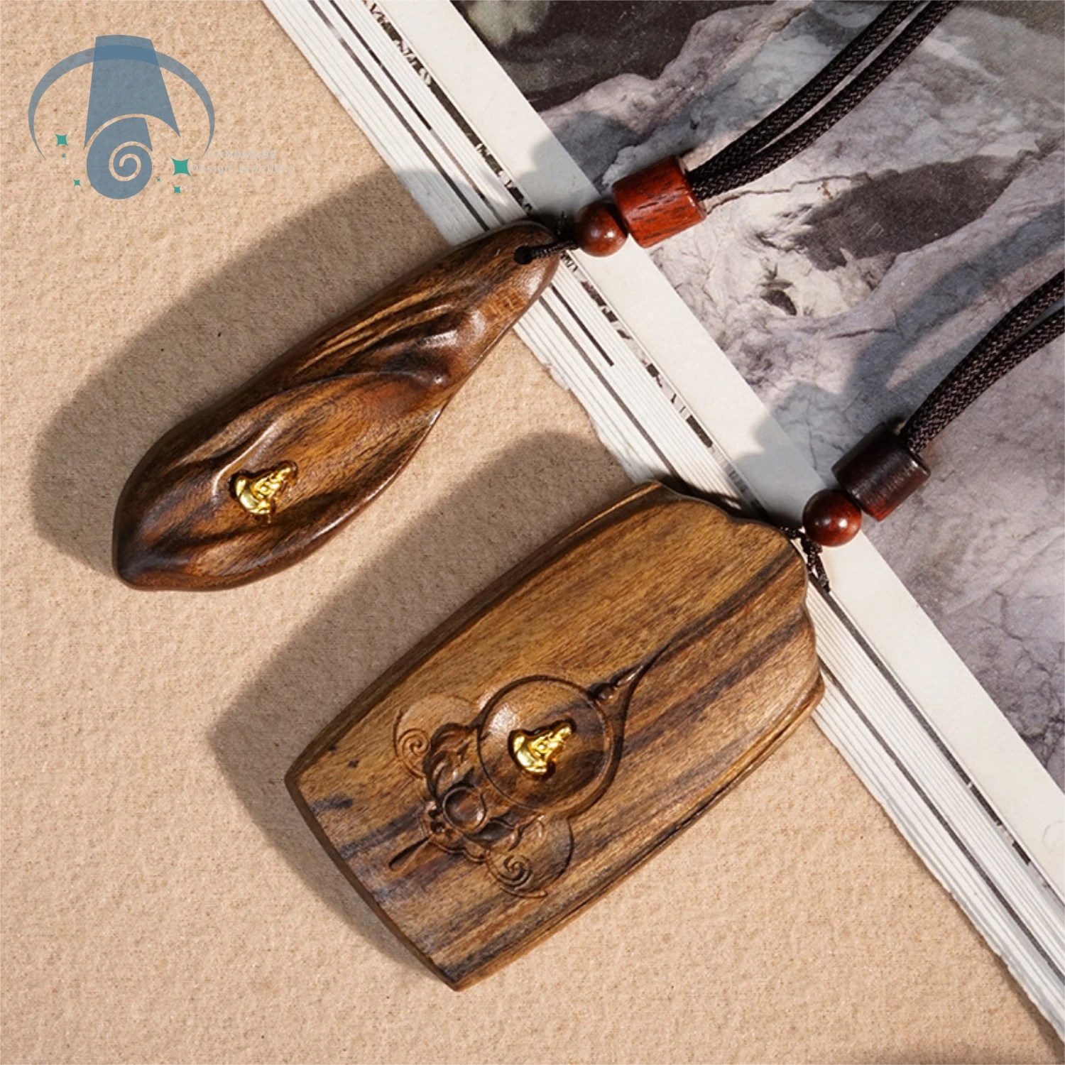 Vintage Chinese Agarwood Carved Pendant Braided Rope Necklace Men Scholar Collectible Artifact Wooden Handmade Natural Charm and