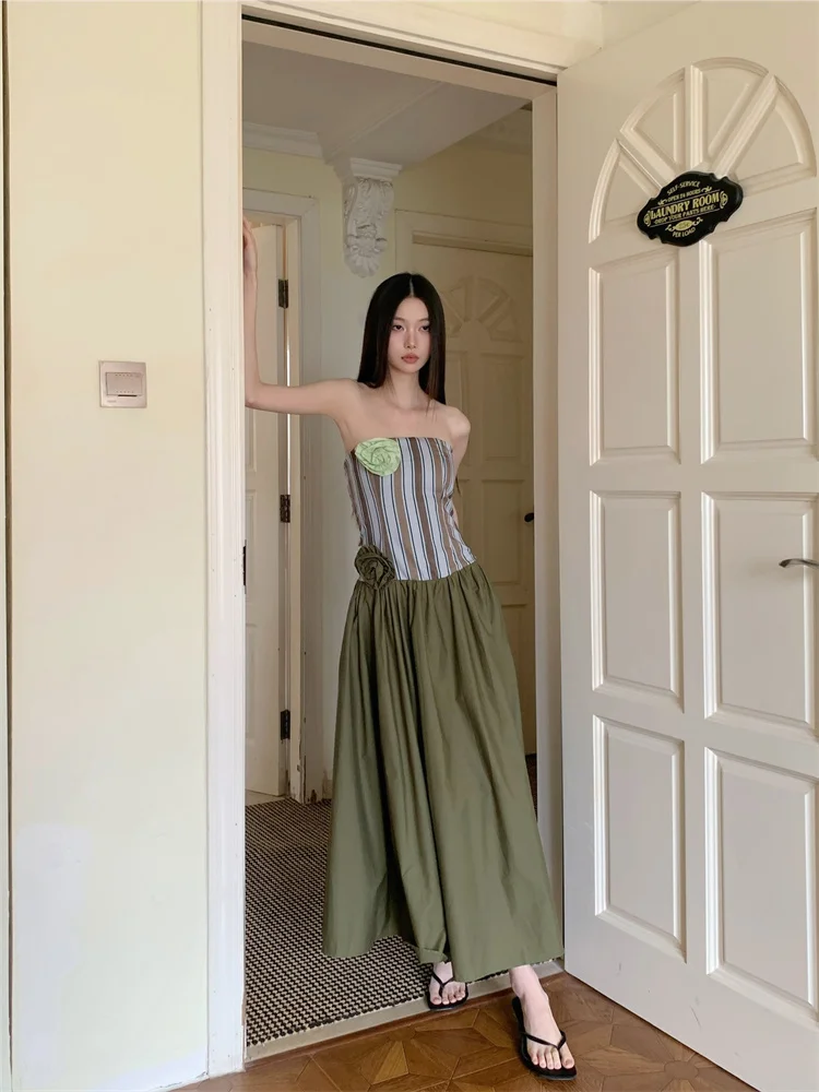 Sukienki CHEERART w paski, patchworkowe, bez ramiączek, długie, 2025, damskie aplikacje, zielona suknia balowa, designerska sukienka midi, odzież