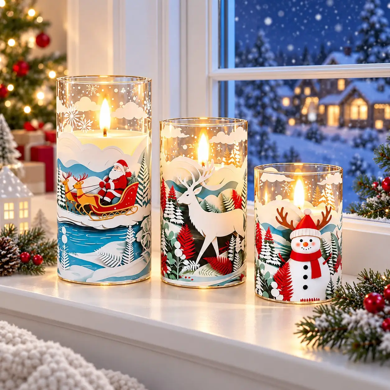 3pcs Christmas Flameless LED Candle Set, Battery Operated Warm Glow Candle Lights With Santa Claus, Reindeer, Snowman & Winter Scene Designs, Decorative Pillar Candles For Table Centerpiece, Mantel, Window & Holiday Home Decor