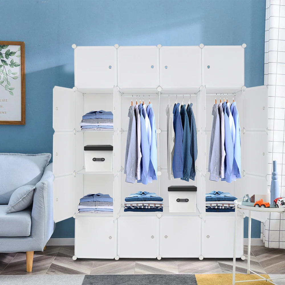 Organizador de cubos de plástico apilable, estantes de almacenamiento, diseño Modular multifuncional, armario con varilla colgante, color blanco, 20 unidades