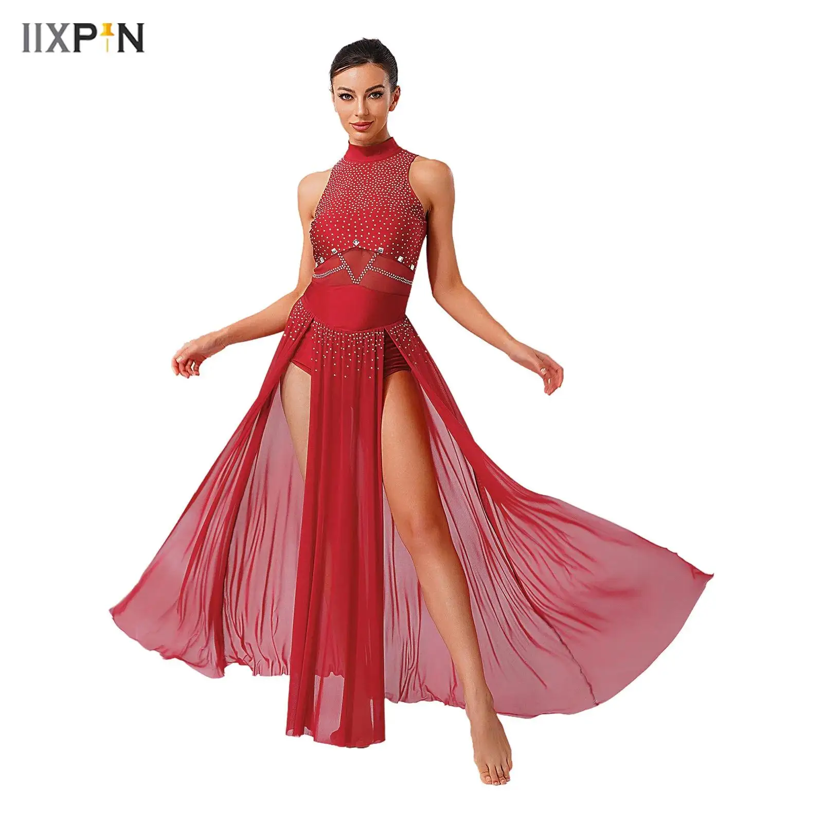 

Women Lyrical Dance Leotard Dress Glittery Rhinestone Back Keyhole Sheer Mesh Slit Hem Maxi Dress Gymnastic Modern Dance Costume