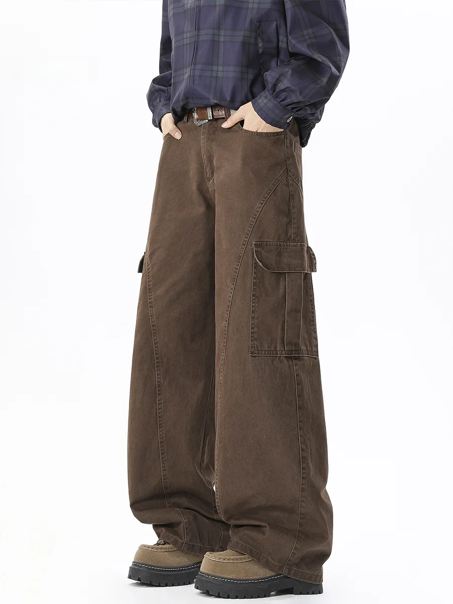 

American Sle Men's Work Pants Brown Loose Straight Leg Pants with Multiple kets Casual Comfortable Spring Autumn Trousers