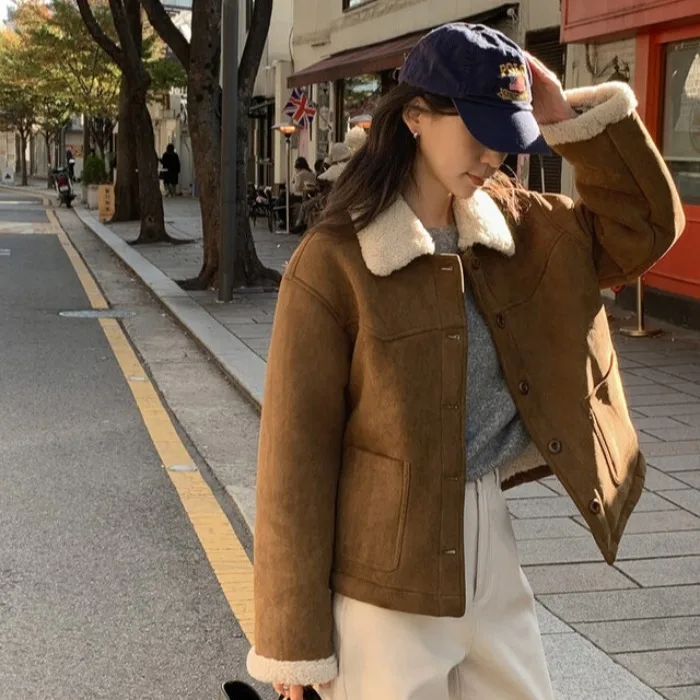 Korean Chic Suede Lamb Fur Collar Short Jacket Fashionable All-Match Women's Online Exclusive Thickened Winter Coat