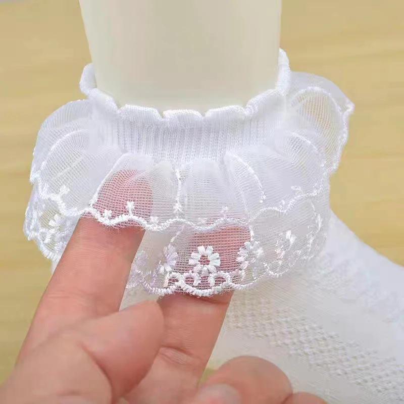 Children Dance Sock Non-Slip Summer Cotton Children Short Sock Breathable Thin Mesh White Ruffle Frilly Girl Princess Sock 1-15Y