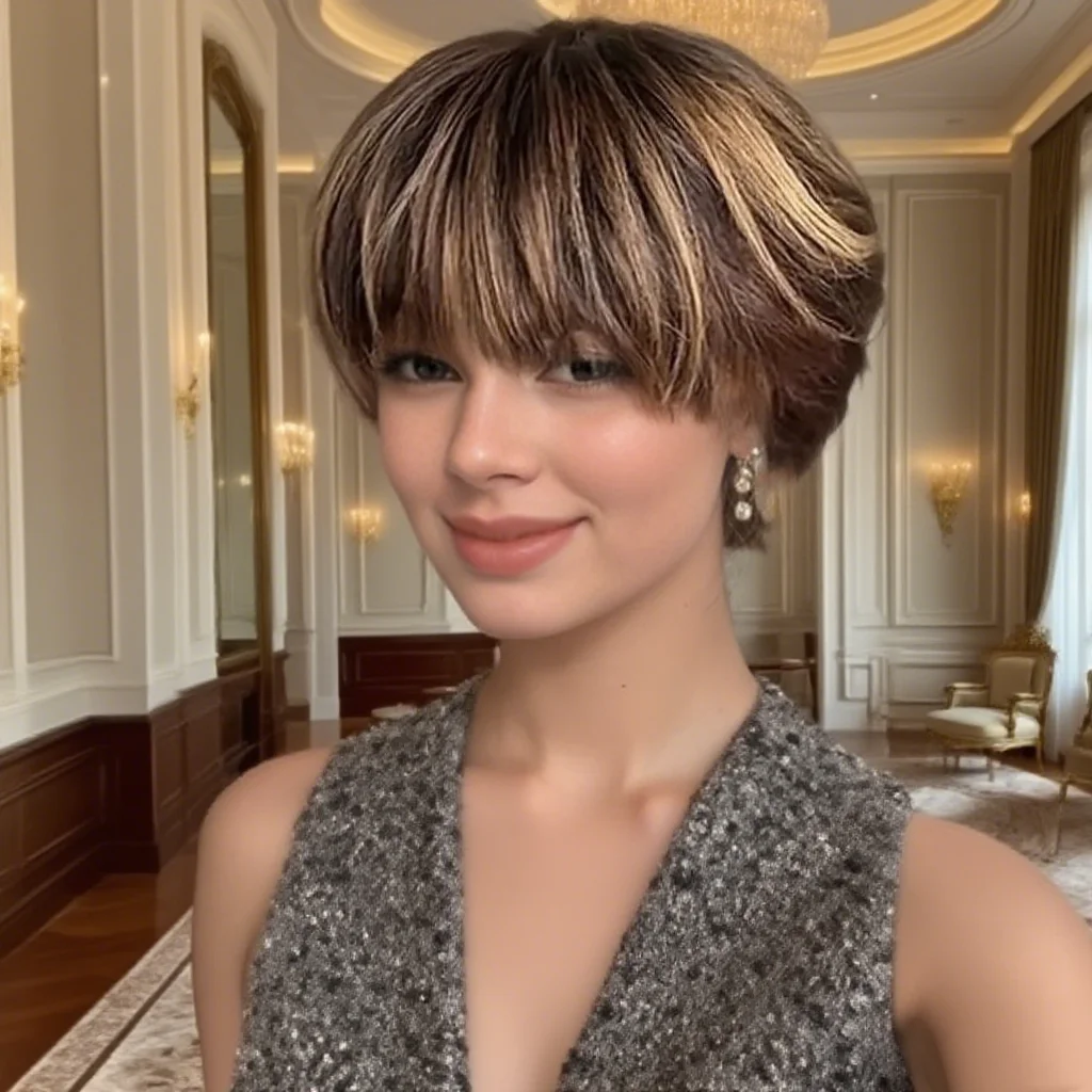 짧은 갈색 하이라이트 인모 전체 기계 제작 픽시컷 가발 (흑인 여성용, 혼합 갈색, 데일리 착용)