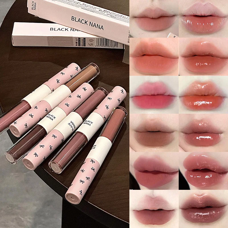 BLACK NANA Dual-Head Lip Gloss — Mirror Shine, Cross-Border Water-Gloss Finish, Gray-Pink Lip Clay, Subtle Nude Makeup