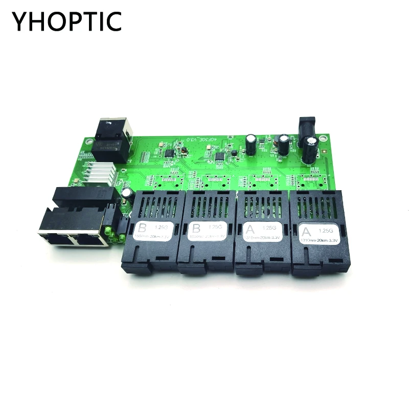 Gigabit Ethernet Switch, Fiber Port, SC Optic Fiber, PCBA Board, Simplex 20km, 4x1.25G, 3x100 m, 1000m, RJ45