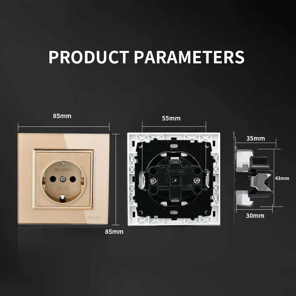 WESA Crystal Tempered Glass Panel Golden Socket Wall Embed Plug Power Socket EU Electrical Outlett With Ground Flame Retardant