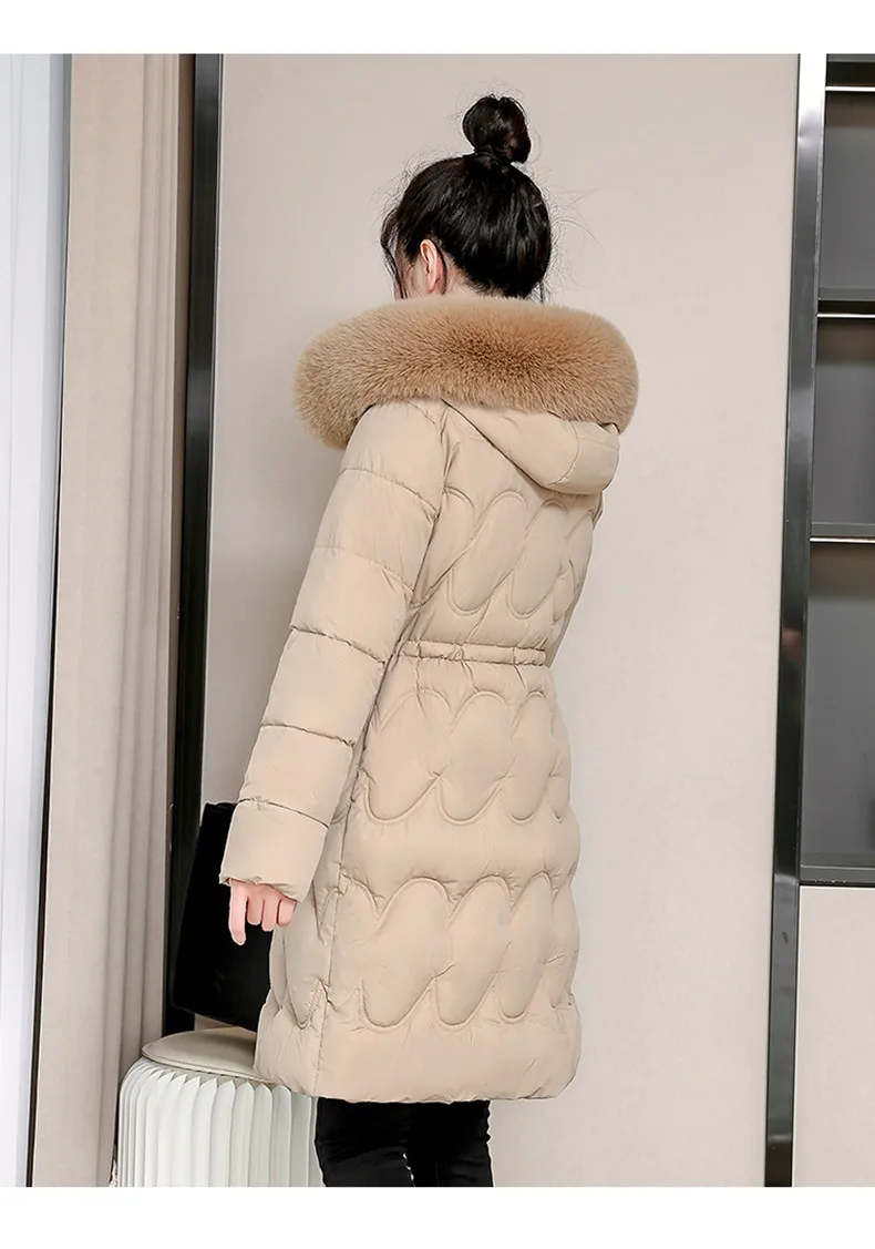 2026 Winter New Fur Collar Puffer Down Parka Loose Long Hooded Warmer Thicken Snow Jacket Pocket Zipper Outerwear Female