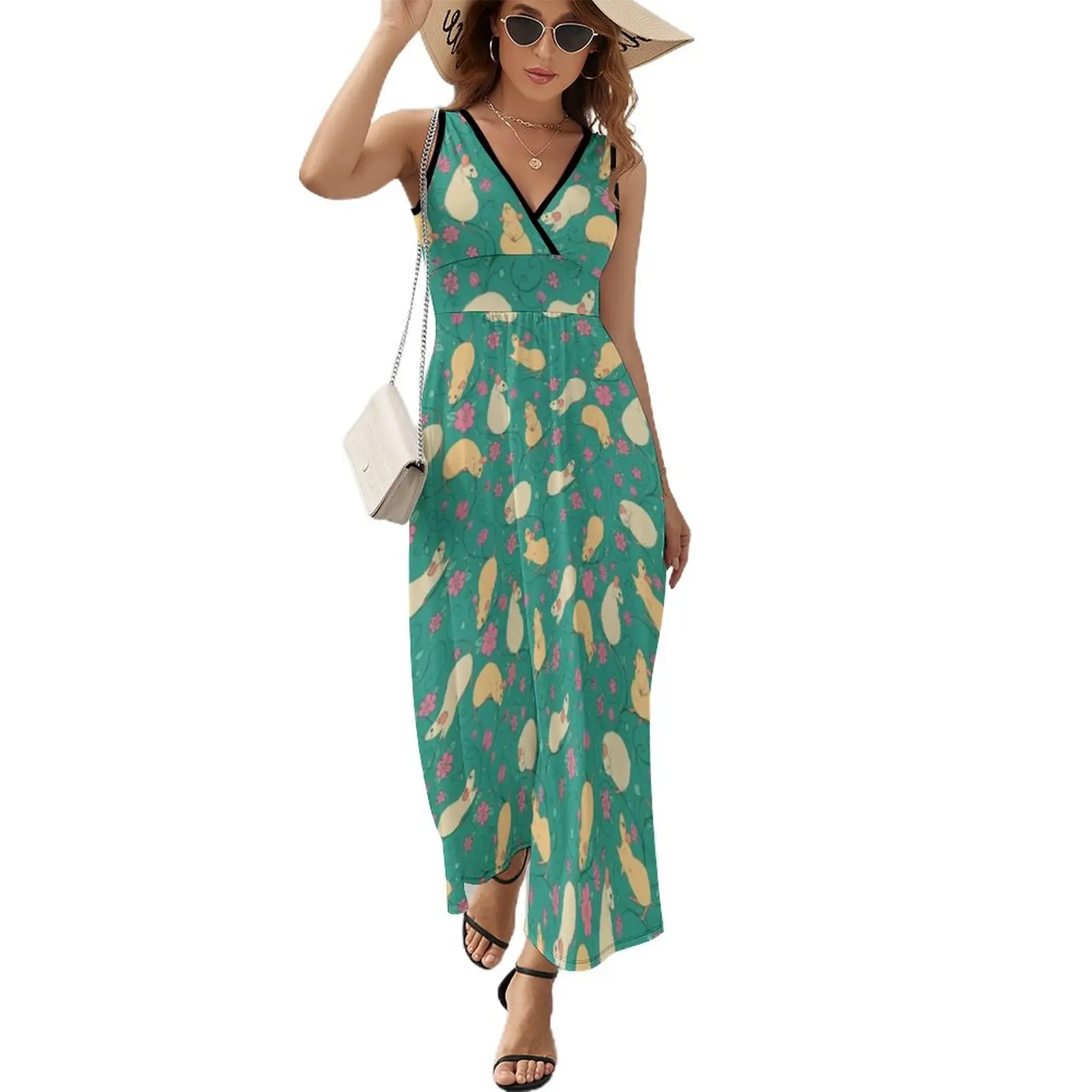 

Floral Rat Retro Pink and Teal Sleeveless Dress long dress women summer women's fashion dresses Woman's evening dress