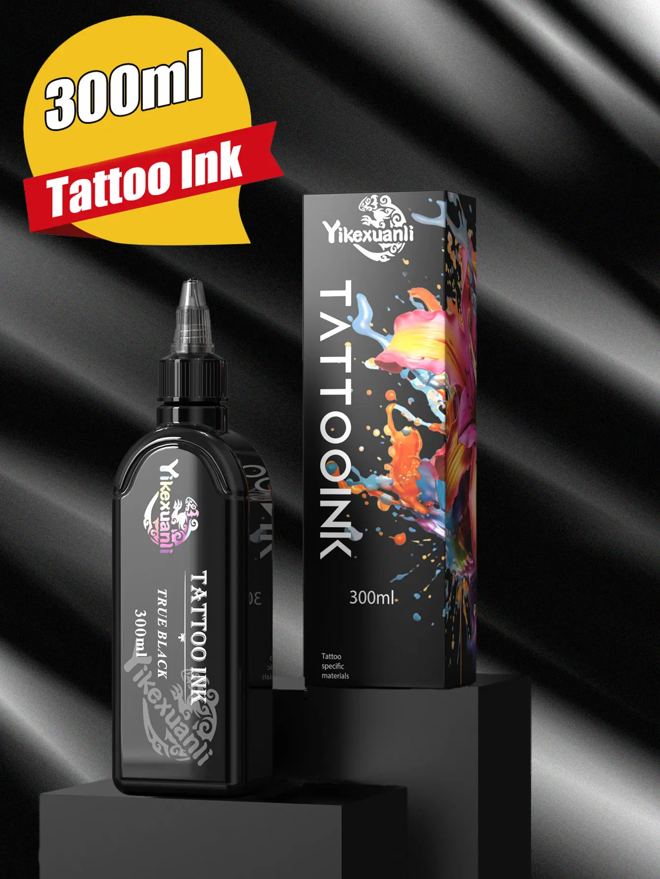 300ml True Black Tattoo Ink, Smooth Flow Pigment for Lining, Shading, Body Art, DIY Practice, Beginners & Professionals