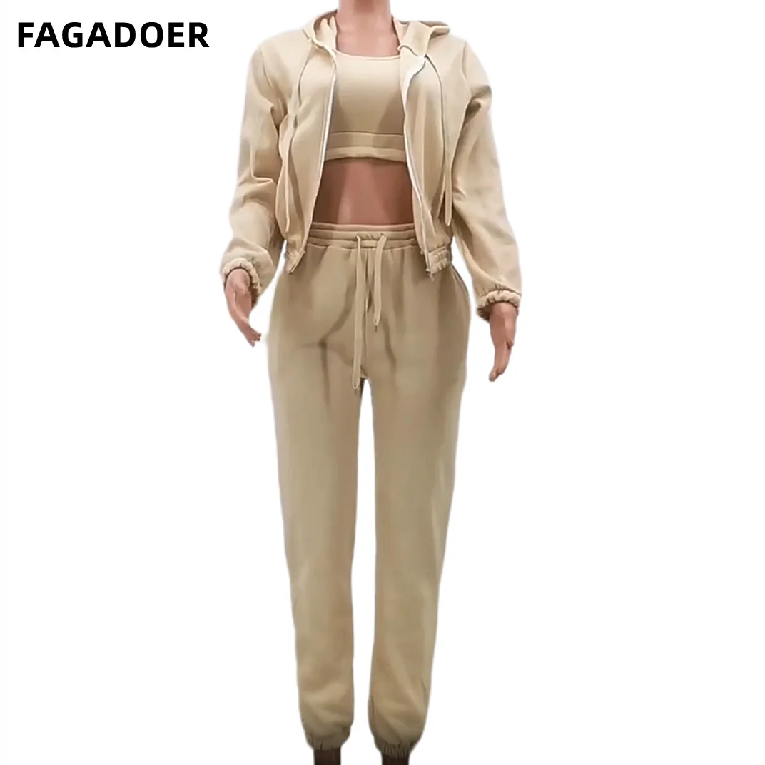 FAGADOER Autumn Winter Hooded Tracksuits Women Crop Vest + Long Sleeve Coat + Jogger Pants 3 Piece Sets Casual Sporty Outfits