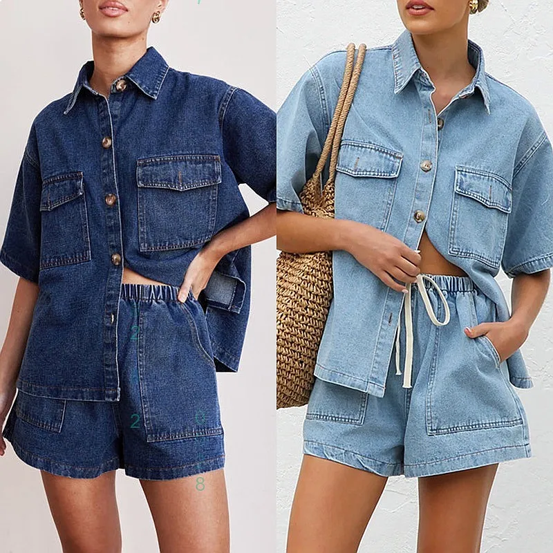 

Vintage Casual Pocket Short Sleeve Shirts Blouse Top Shorts Denim Matching Set Jumpsuit Playsuit