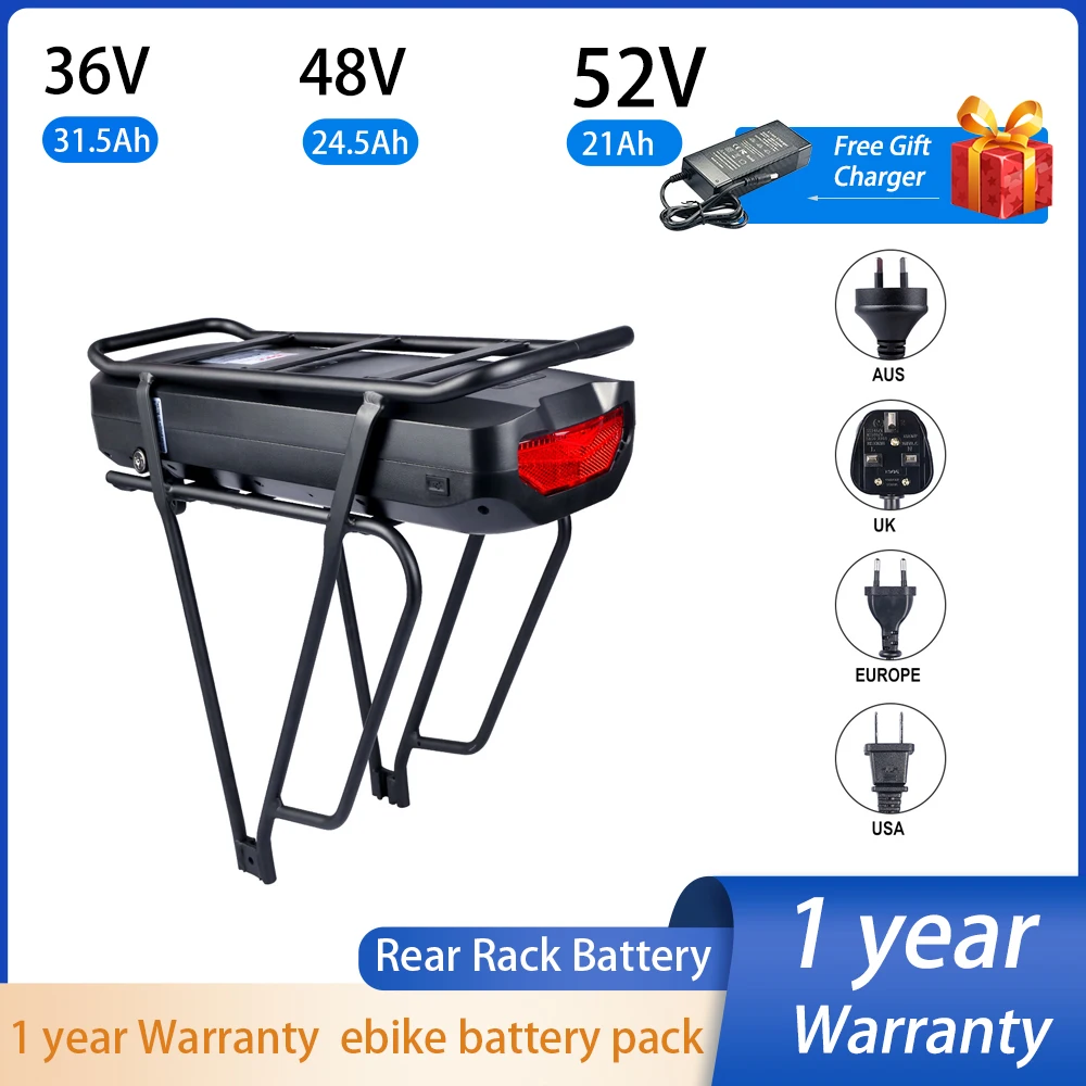 

36V 48V 52V Rear Rack Battery 31.5Ah 28Ah 24.5Ah 21Ah 350W 500W 750W 1000W City Mountain Electric Bicycle