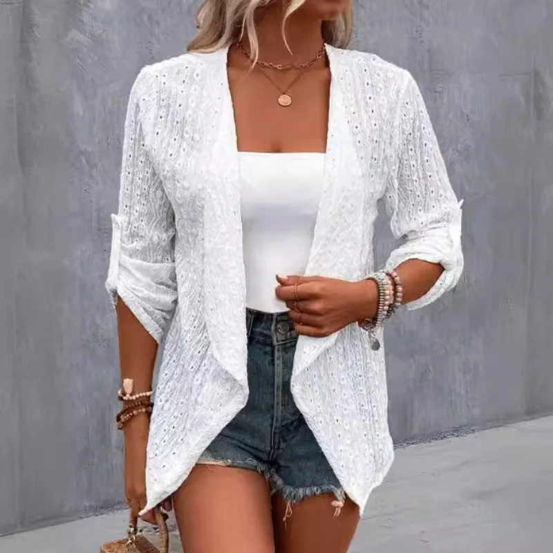 

Sense Of Design New Arrivals Spring Summer Women's Clothing Solid Color Polo Collar Cardigan Lace Coat