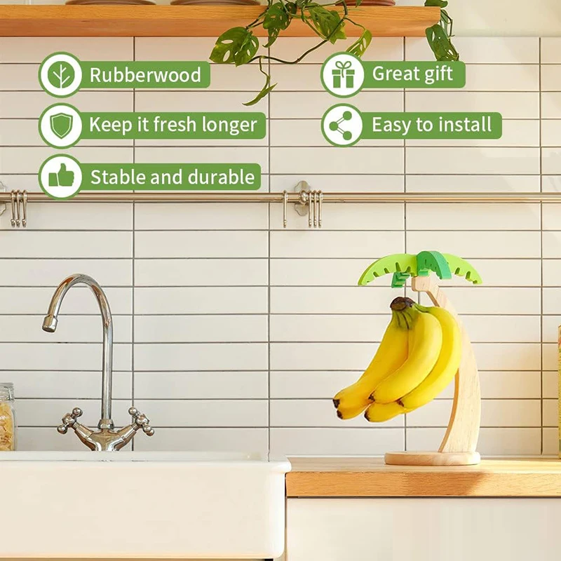 Eco-friendly Wooden Banana Storage Rack Household Banana Fruit Hanging Storage Rack Simulated Leaf Fruit Vertical Storage Rack