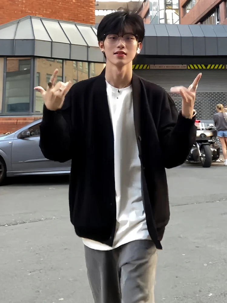 Cleanfit Black V-Neck Baseball Jacket Men's Cardigan Outerwear Spring Autumn Lazy Style Cool Handsome High-End Feeling