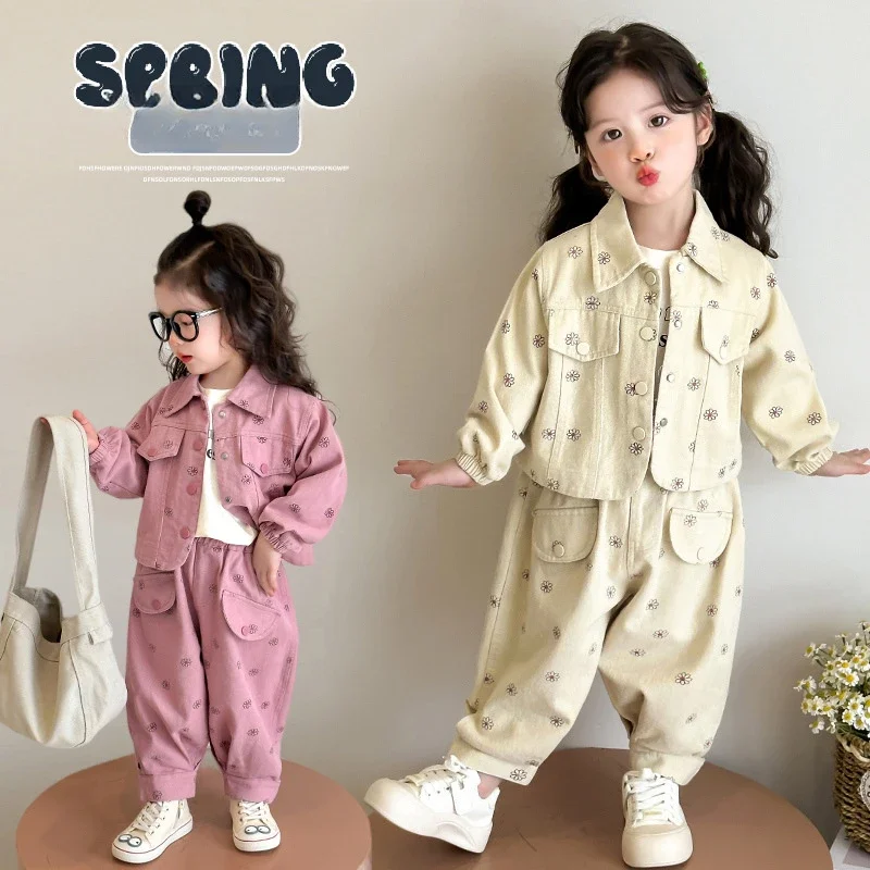 Girls' Leisure Suit Spring New Girl Full Print Flower Lapel Long-sleeved Coat + Trousers Loose Two-piece Set  Girls Clothes