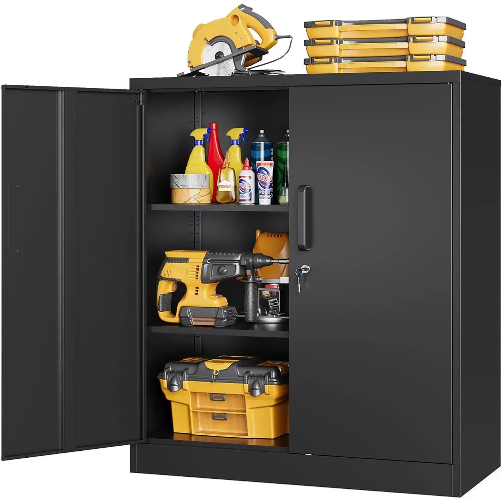 

36 Tall Black Metal Storage Cabinet with 2 Lockable Doors and 2 Adjustable Shelves for Home, Office, Garage, and Warehouse Use
