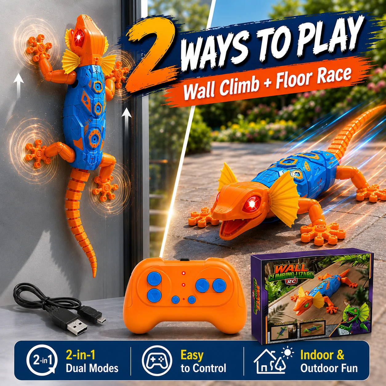 Remote Control Wall Climbing Lizard Toy 2.4GHz RC Animal Wall Crawler Rechargeable LED Eyes Indoor Ceiling Climbing Kids Gift