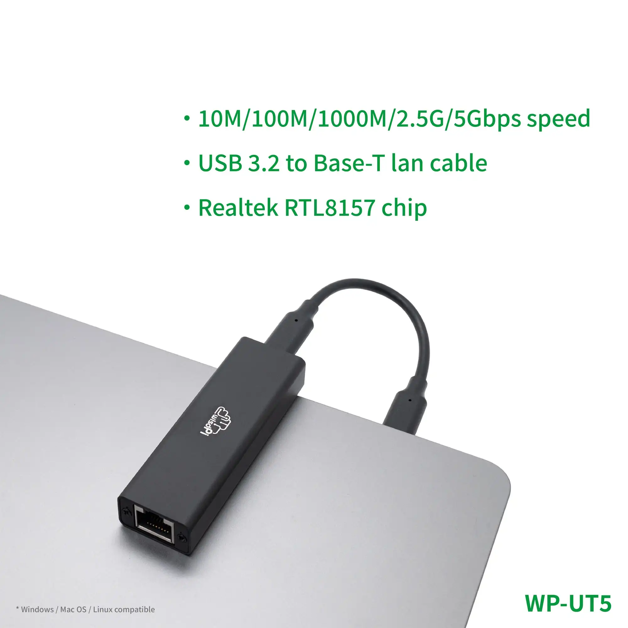 WisdPi USB 3.2 to 5GbE Adapter (WP-UT5) Realtek RTL8157 Wired LAN Network Connection 5G, 2.5G, 1G, 100Mbps