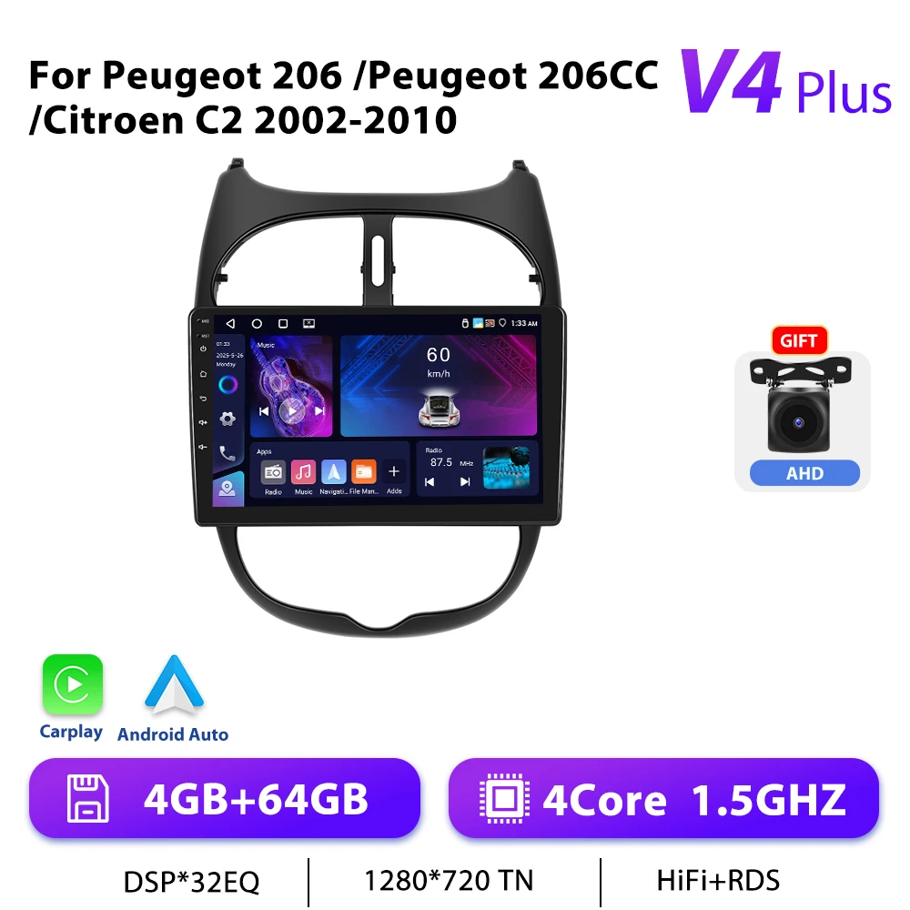 Podofo 9 "Autoradio Draadloze CarPlay Android Radio Voor Peugeot 206 206CC Citroen C2 2002-2010 Multimedia GPS Ontvanger Autoradio