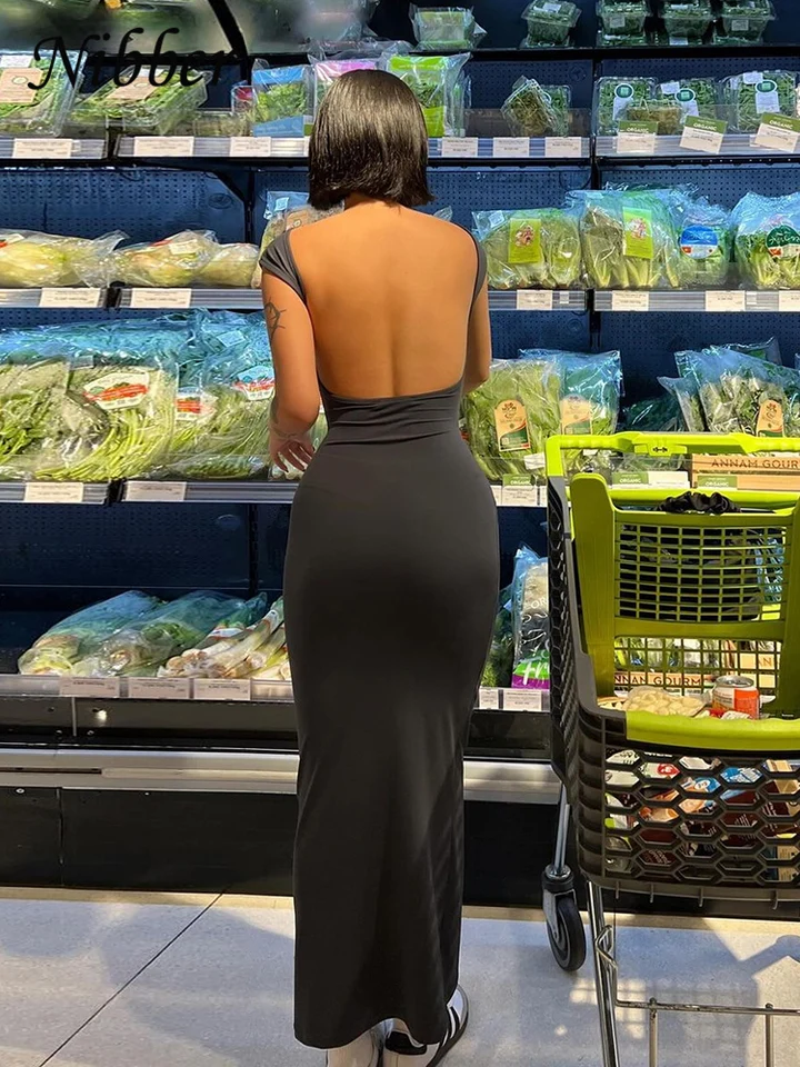 Vestido Largo Sin Espalda Sexy Nibber Sólido Elegante Elástico Ajustado Manga Corta para Mujer Bodycon Ropa de Calle 6
