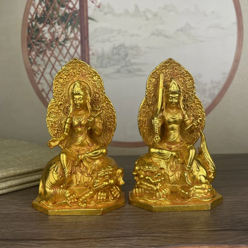 

Antique-Style Gilded Manjushri and Samantabhadra Statue Ornament New Chinese Style Home Office Incense Case Decoration Gift Coll