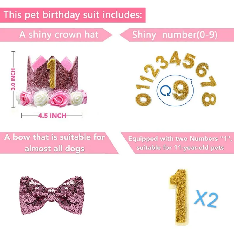 Dog Cat Birthday Crown Hat Bow Tie Set Composite Non Woven Fabric Reusable Headband Suitable Small Medium Sized Pet Supplies