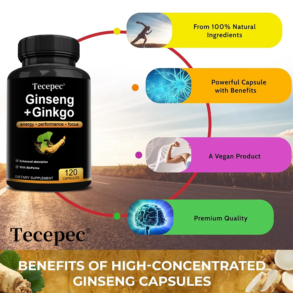 Ginseng + Ginkgo Supplement - Helps with Memory, Focus and Cognitive Support, Replenishes Energy Levels, Anti-aging