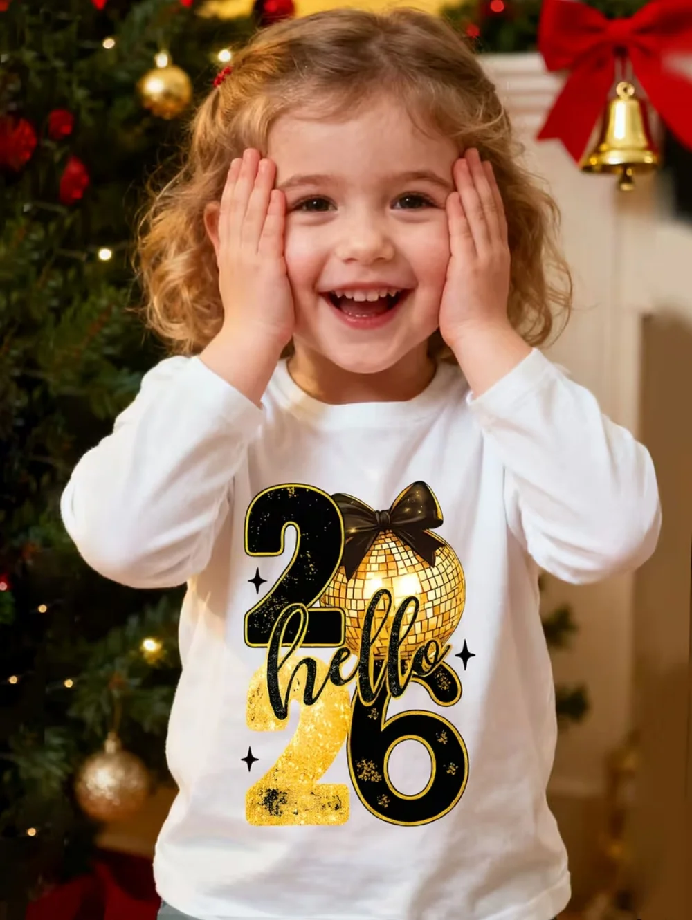 

2026 Happy New Year T-Shirt Glitter Letter 3D Print Design Casual Crew Neck Long Sleeve Tees Boys Girls Holiday Party Clothing