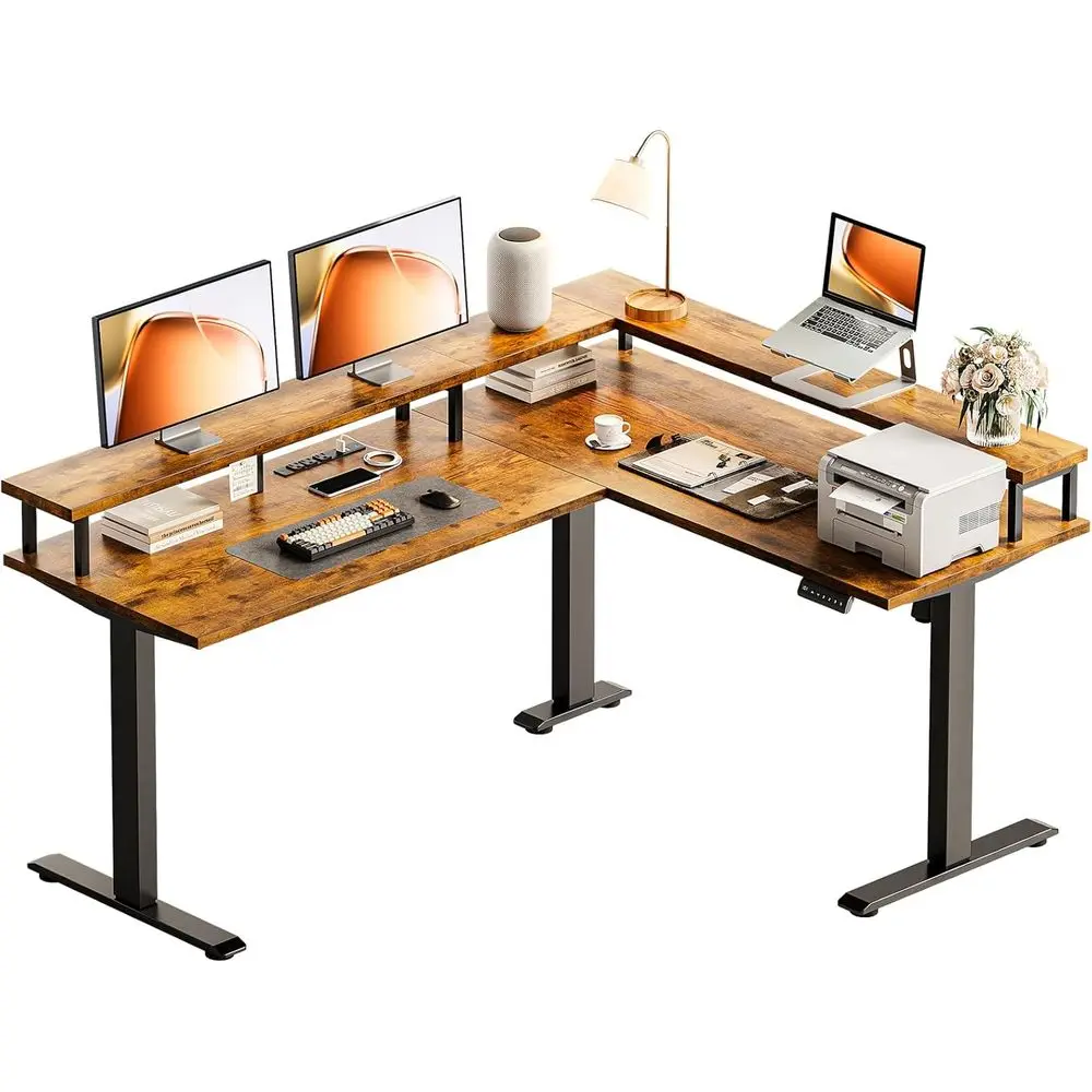 

59 Height Adjustable Electric L-Shaped Desk with Power Outlets & Monitor Stand, Rustic Brown, for Home or Office Use