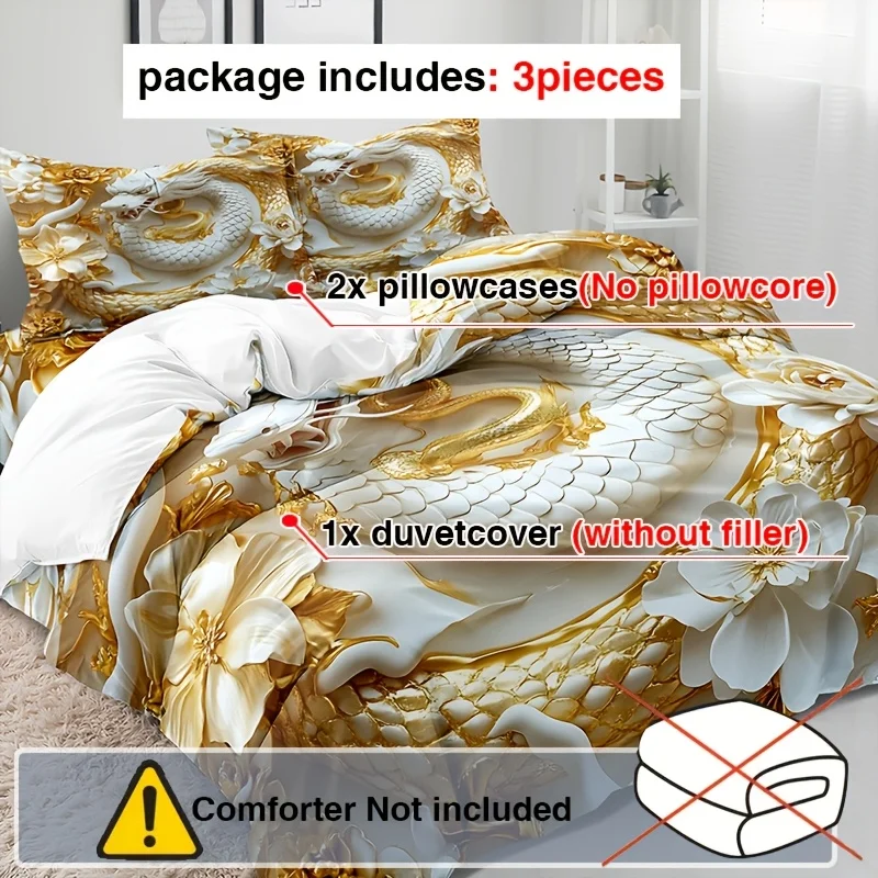 3pcs Golden Dragon Duvet Cover Set (1 Duvet Cover + 2 Pillowcases, No Insert), High-Definition Print Exquisite 3D Style