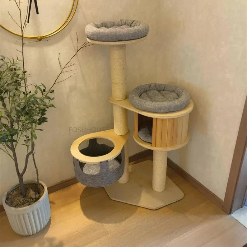 

Cat Tree House Design Wood Tower Condo Climbing Cat Furniture With Flower Bed Sleeping Mat Solid Trunk Sisal Post For Indoor Cat