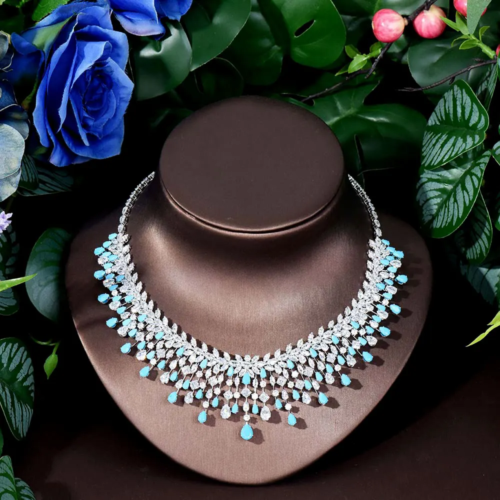 HIBRIDE Hot sale Dubai jewellery women's set bridal party dress sky blue accessories exaggerated necklace earrings pendant S-458 - Image 4