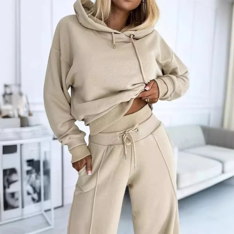 2024 Spring Autumn New Women\'s Clothing Solid Color Fashion Fake Two-Piece Casual Pocket Cap Sweatshirt Wide Leg Pants Suit