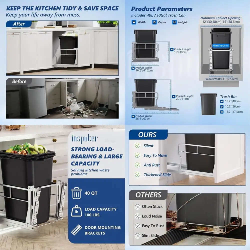 

Поклонный мусорный бак на 10 галлонов для кухонных шкафов, легкое удаление, подходит для открытия 12 В x 18D