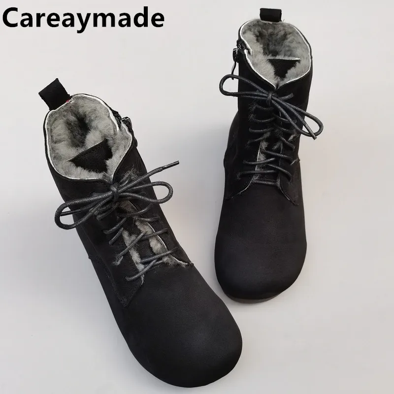 

Careaymade-100% Genuine leather women's boots soft soles flat wool boots warm round cow leather high top casual single boots