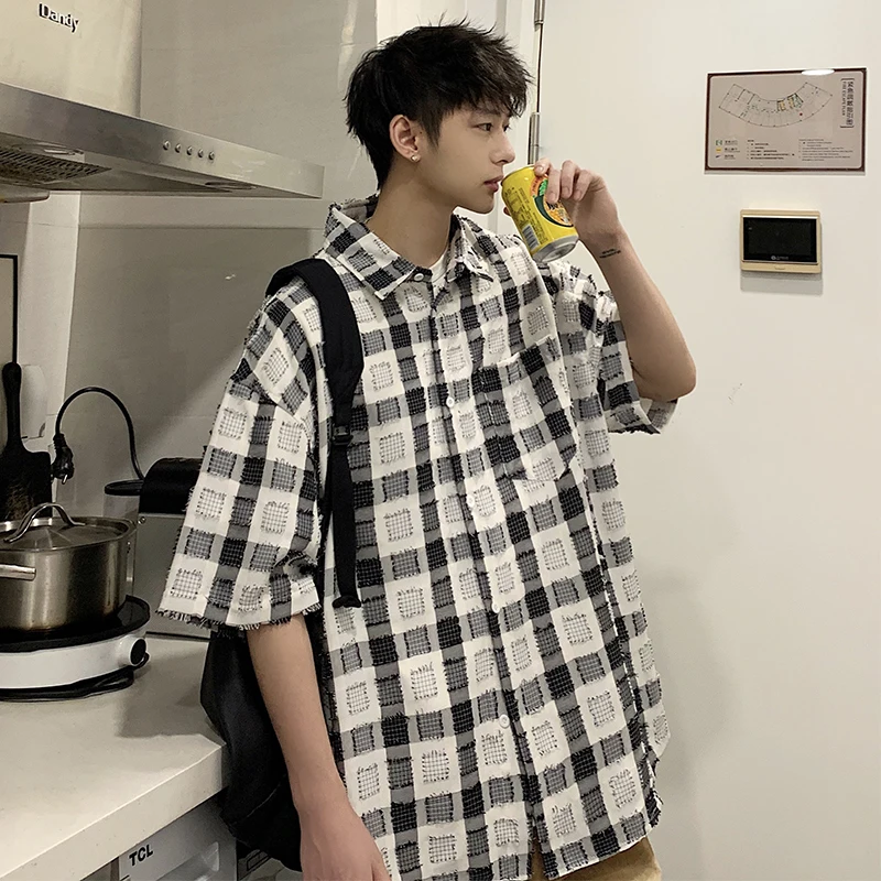 

Bla White Plaid Men's Casual irt Summer Season Loose Fit Youth Faion Large Size Five Sve Coat Tassel Detail