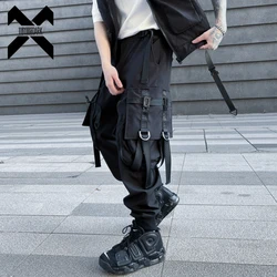 Hip Hop Tactical Cargo Pants Men Multi Pocket Ribbon Design Joggers Trousers 2023 Spring Functional Elastic Waist Pant Black