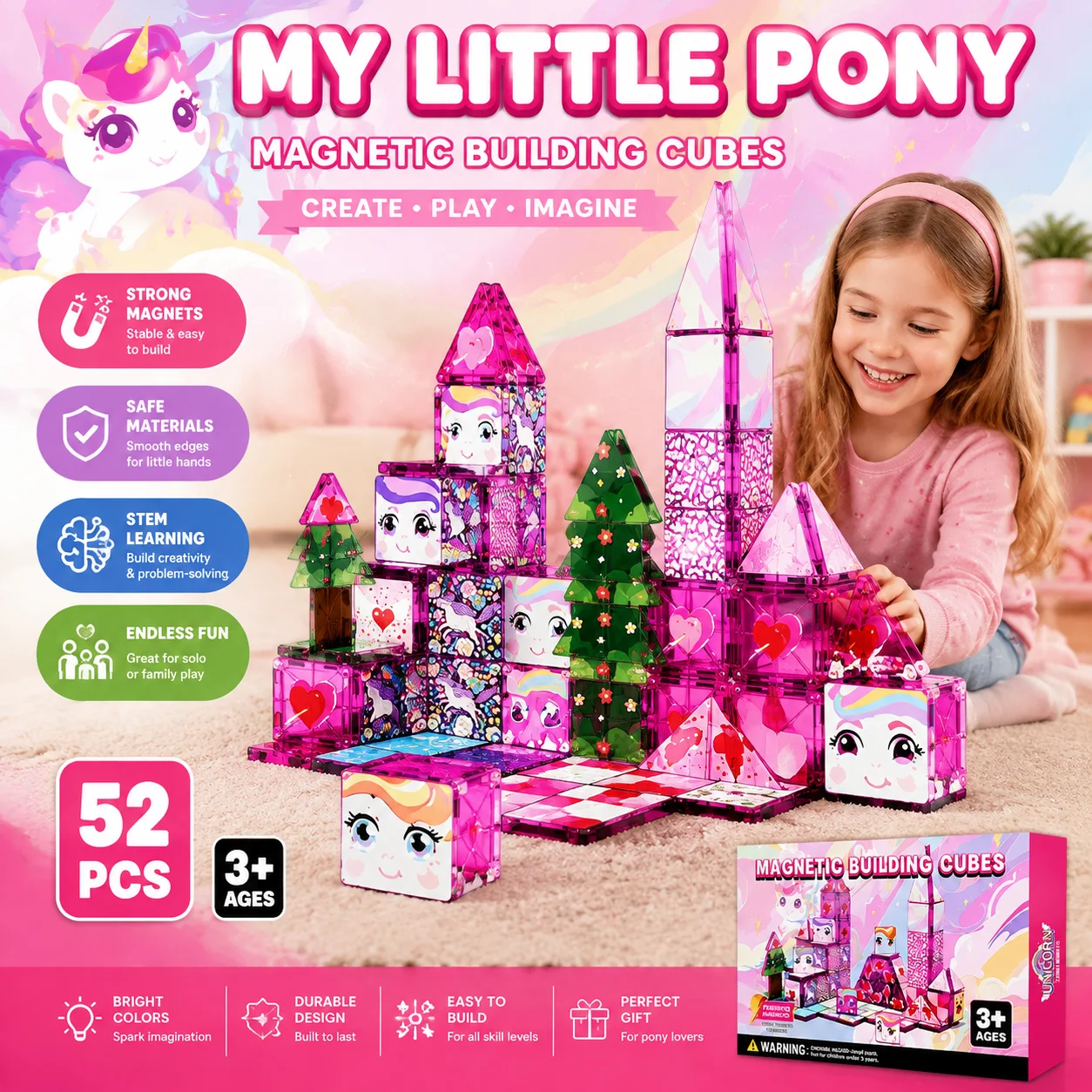 52PCS Unicorn Magnetic Tiles Building Blocks STEM Educational Construction Toy Creative Castle Building Set for Kids Girls Birthday Gift