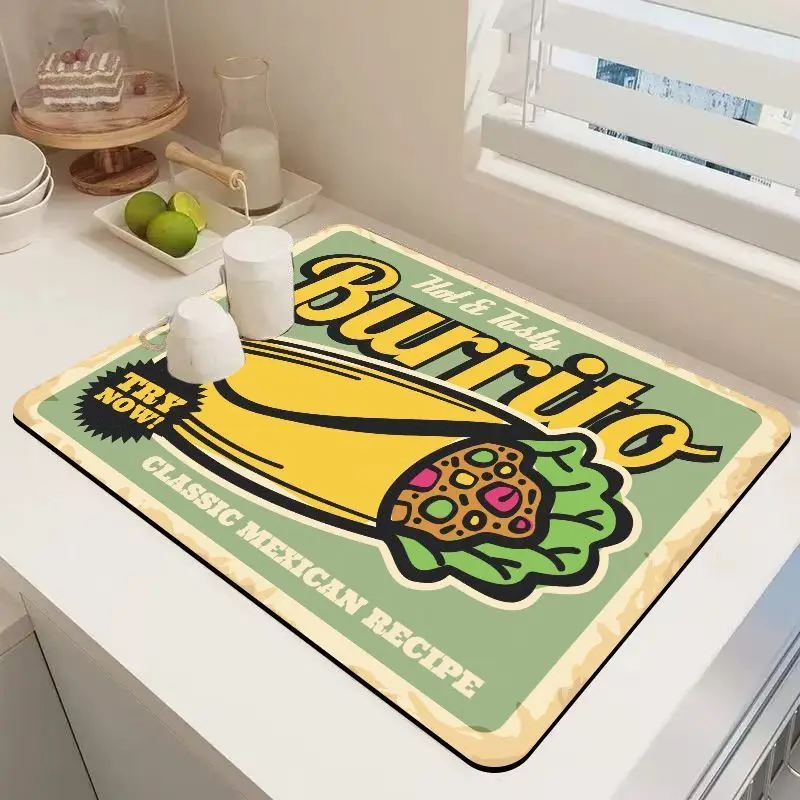 VIKAMA Retro Food Printing Coffee Drying Mat Anti Slip Quick Drying Carpet Coffee Bar Kitchen Floor Mat Home Decoration