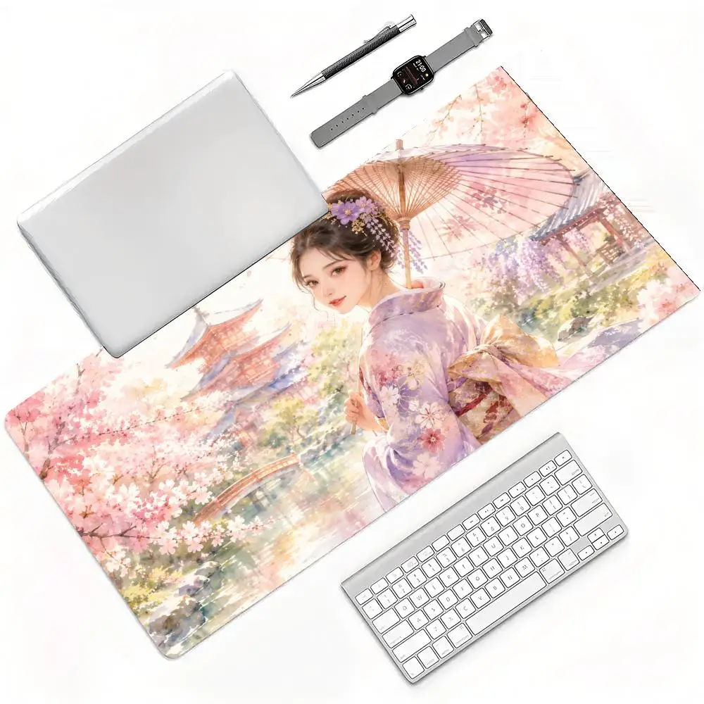 Sakura Falling Purple Paper Umbrella Ancient Japanese Canal Pattern Large Anti-Slip Keyboard Desk Mat for Gaming Office