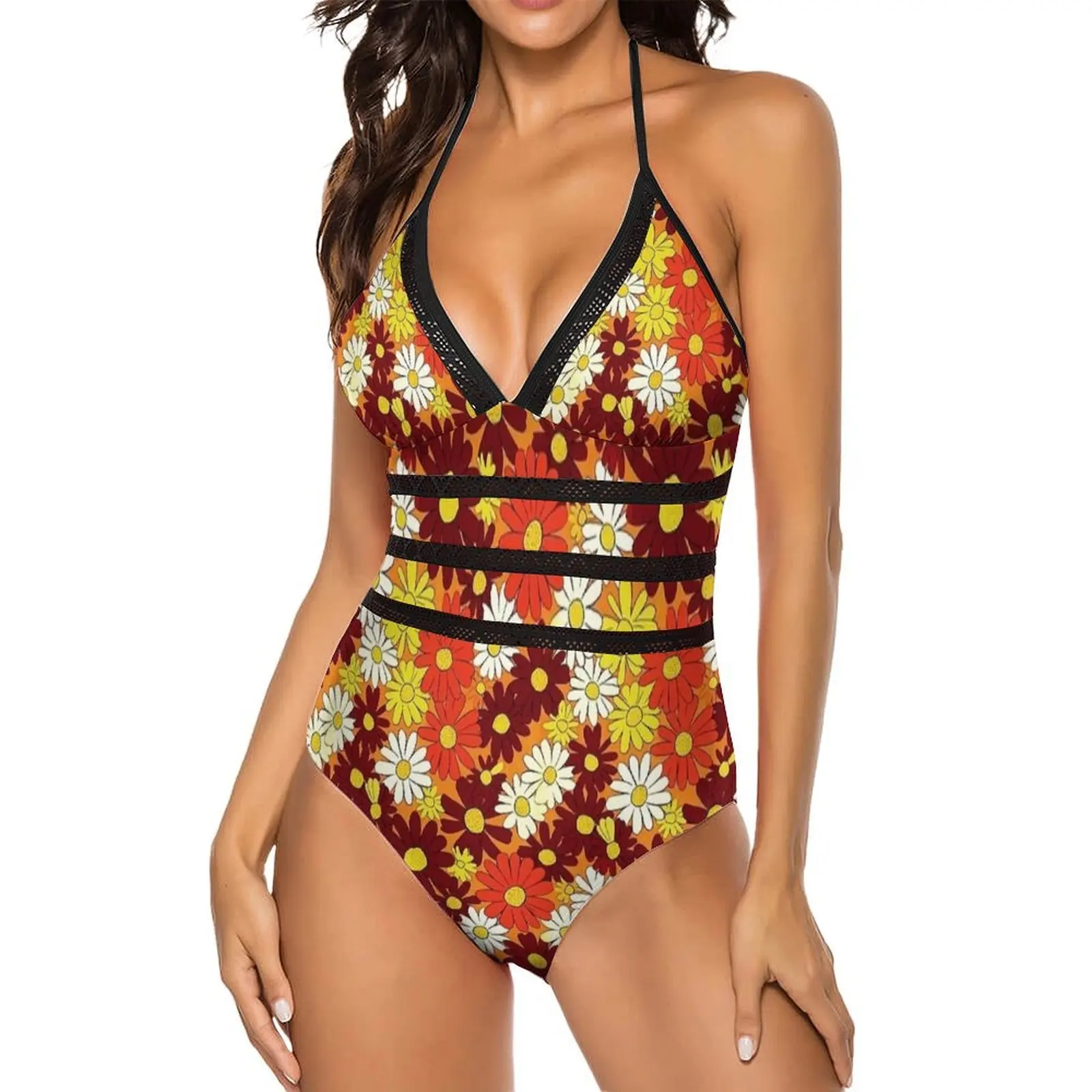 Autumn Daisy Seamless Floral Print Swimsuit  Push Up Swimwear One Piece Deep V Bathing Suit Sexy Stylish Bodysuit Large Size