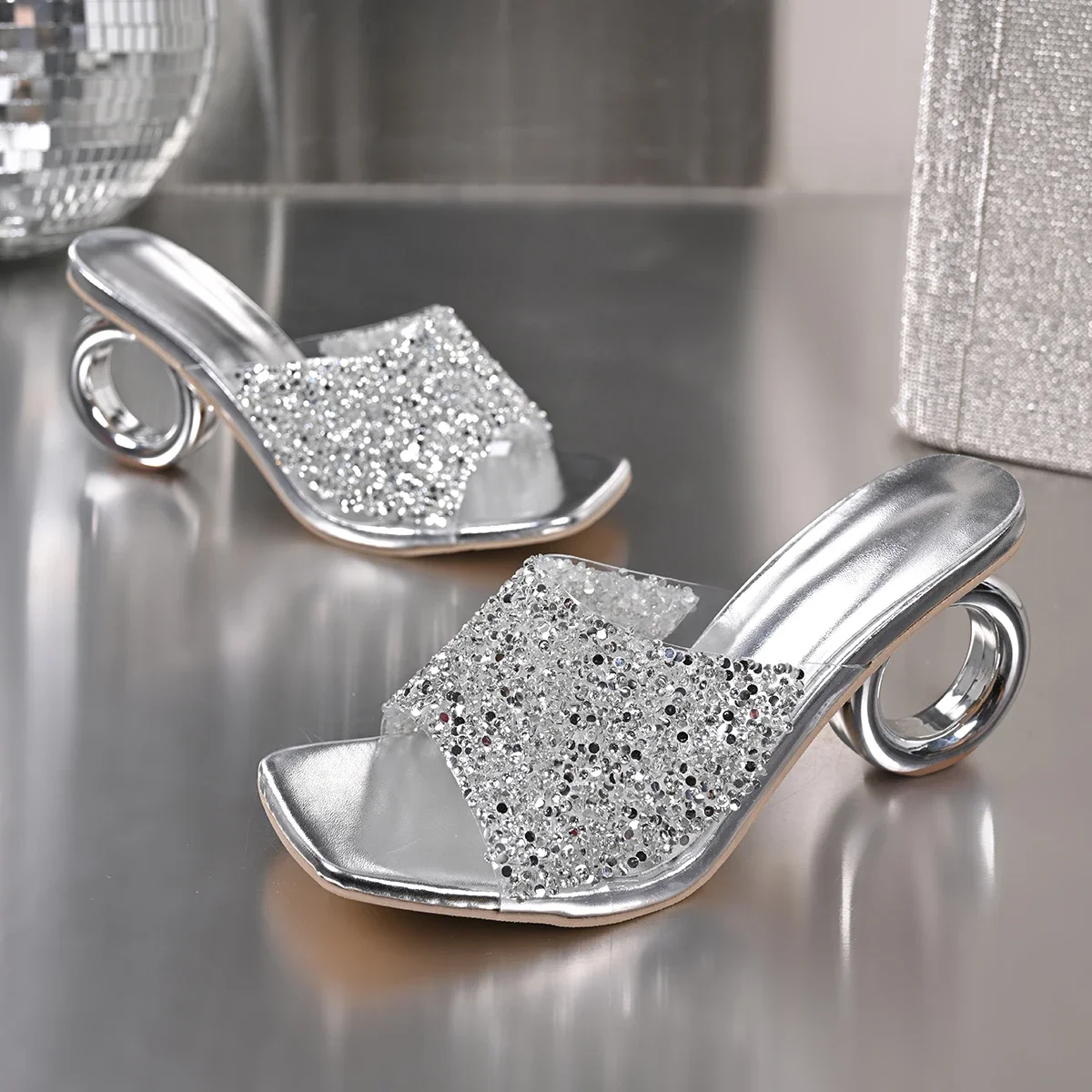 

Fashion Slippers for Women Special-shaped Heels Design Women Slippers Luxury Crystal High Heeled Sandals Banquet Party Sandalias