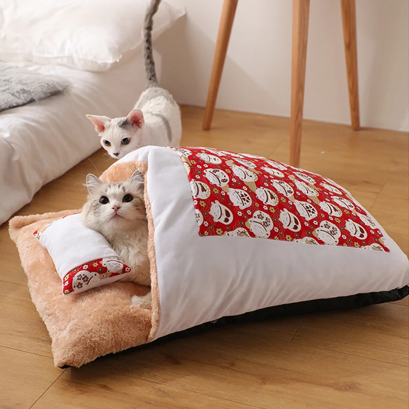 Pet Cats Sleeping Bag, Soft Indoor Pet Bed Sofa 2 in 1 Pet Nest, Warm Cozy Covered Bed Snuggle Sack for Cats Puppy