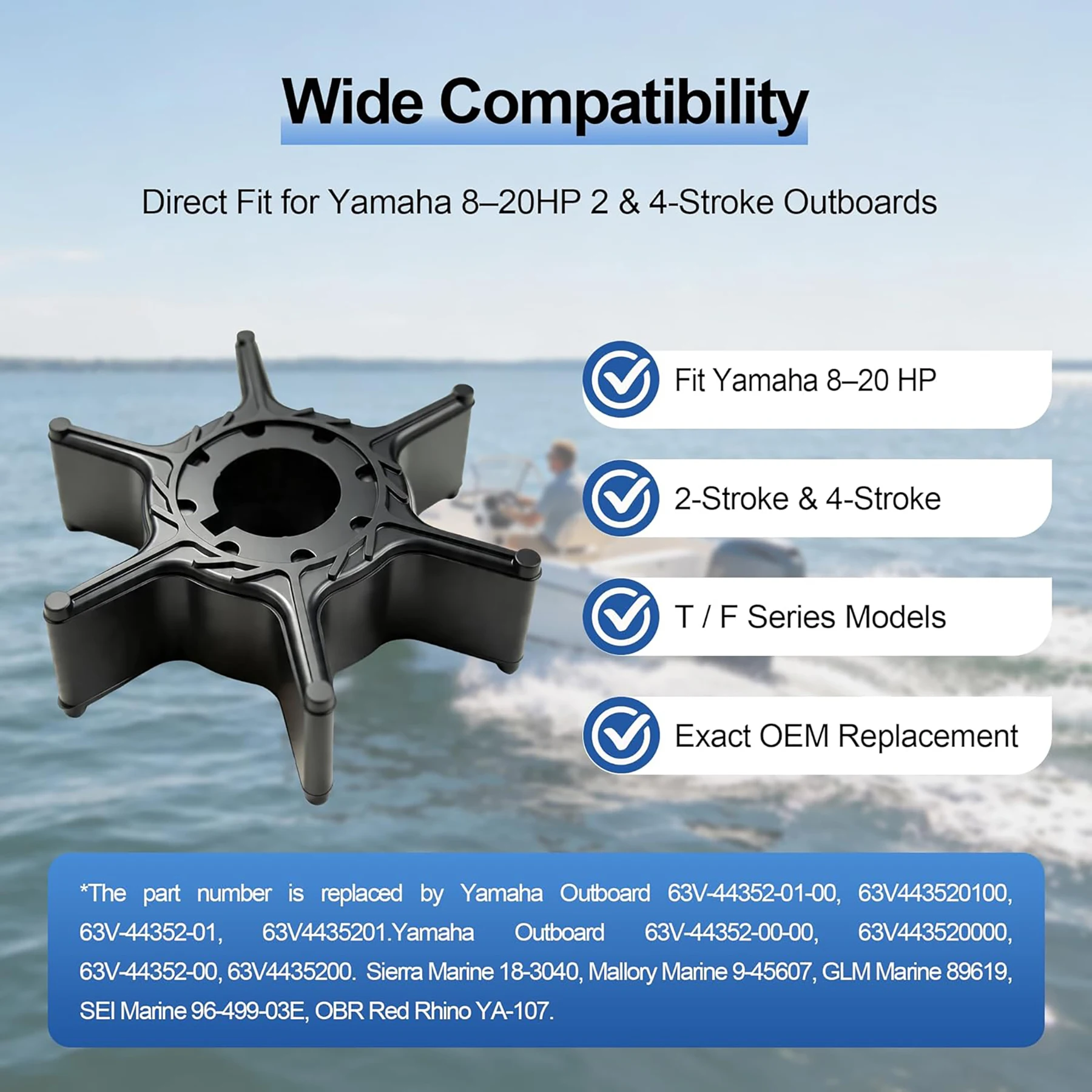 2 Pcs Water Pump Impeller 63v-44352 for Yamaha Boat Engine Parts 2 4 Stroke 9.9HP 15HP 20HP Outboard Motor 63V-44352-01 18-3040