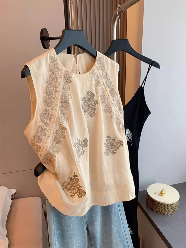 

Unique Design Linen Vest irt ex Summer Trendy Age-Defng Layering Svel Top Casual Loose Fit round Neline