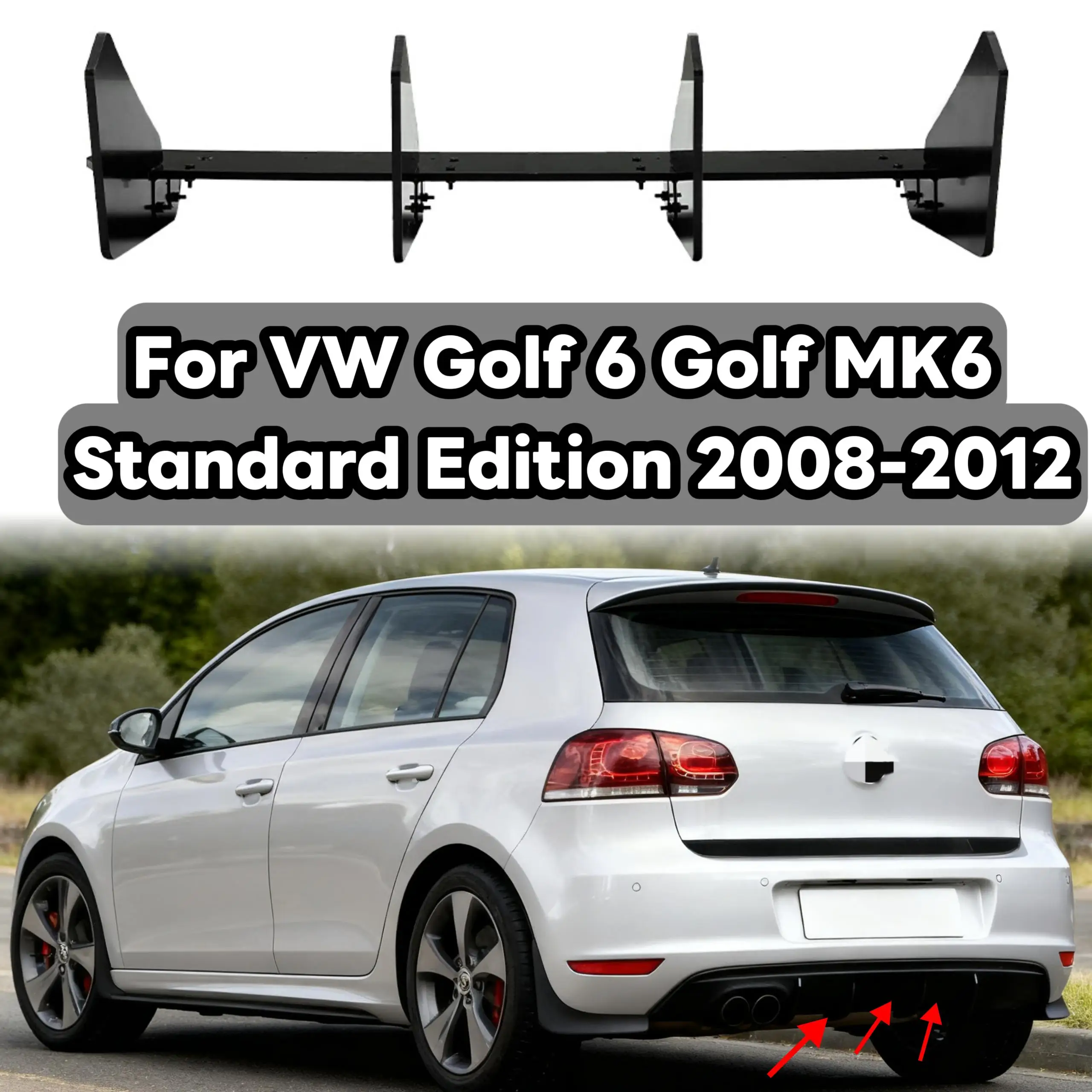 Diffuser Spoiler Splitter Bumper Belakang Mobil 4 Sirip untuk VW Golf 6 MK6 Standard TDI TSI 2008-2013, ABS Gloss Black Bodykit Tuning